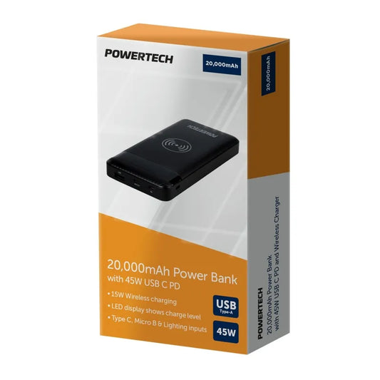 20,000mAh Power Bank with USB C 45W and Wireless Charger - Black