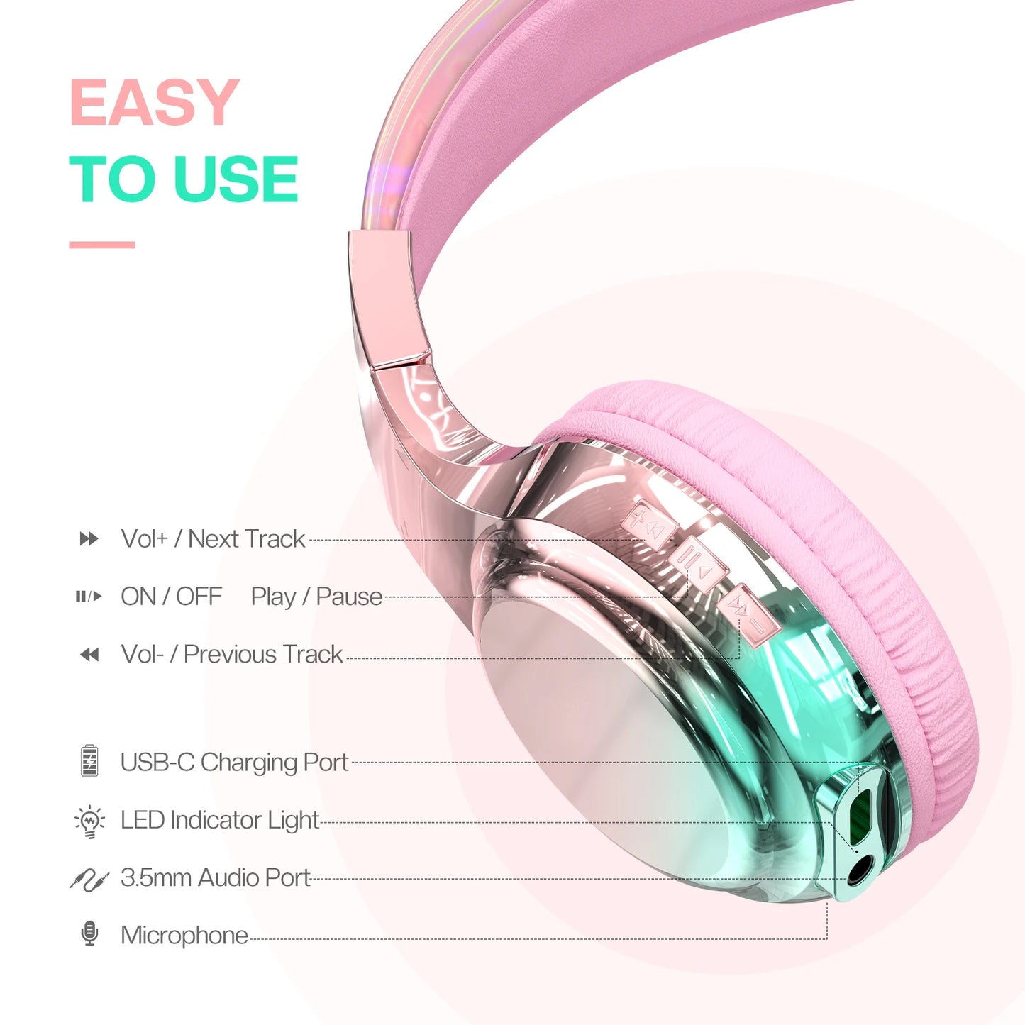 Glossy Gradient Pink Bluetooth5.3 Headphone For Girl Wireless Headphone with Mic Over Ear Headset for Girlfriend Christmas Gift