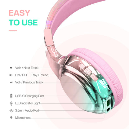 Glossy Gradient Pink Bluetooth5.3 Headphone For Girl Wireless Headphone with Mic Over Ear Headset for Girlfriend Christmas Gift