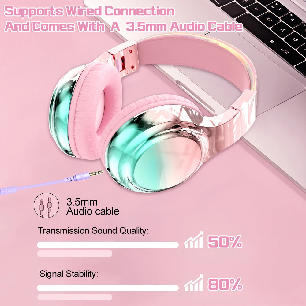 Glossy Gradient Pink Bluetooth5.3 Headphone For Girl Wireless Headphone with Mic Over Ear Headset for Girlfriend Christmas Gift