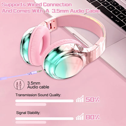 Glossy Gradient Pink Bluetooth5.3 Headphone For Girl Wireless Headphone with Mic Over Ear Headset for Girlfriend Christmas Gift