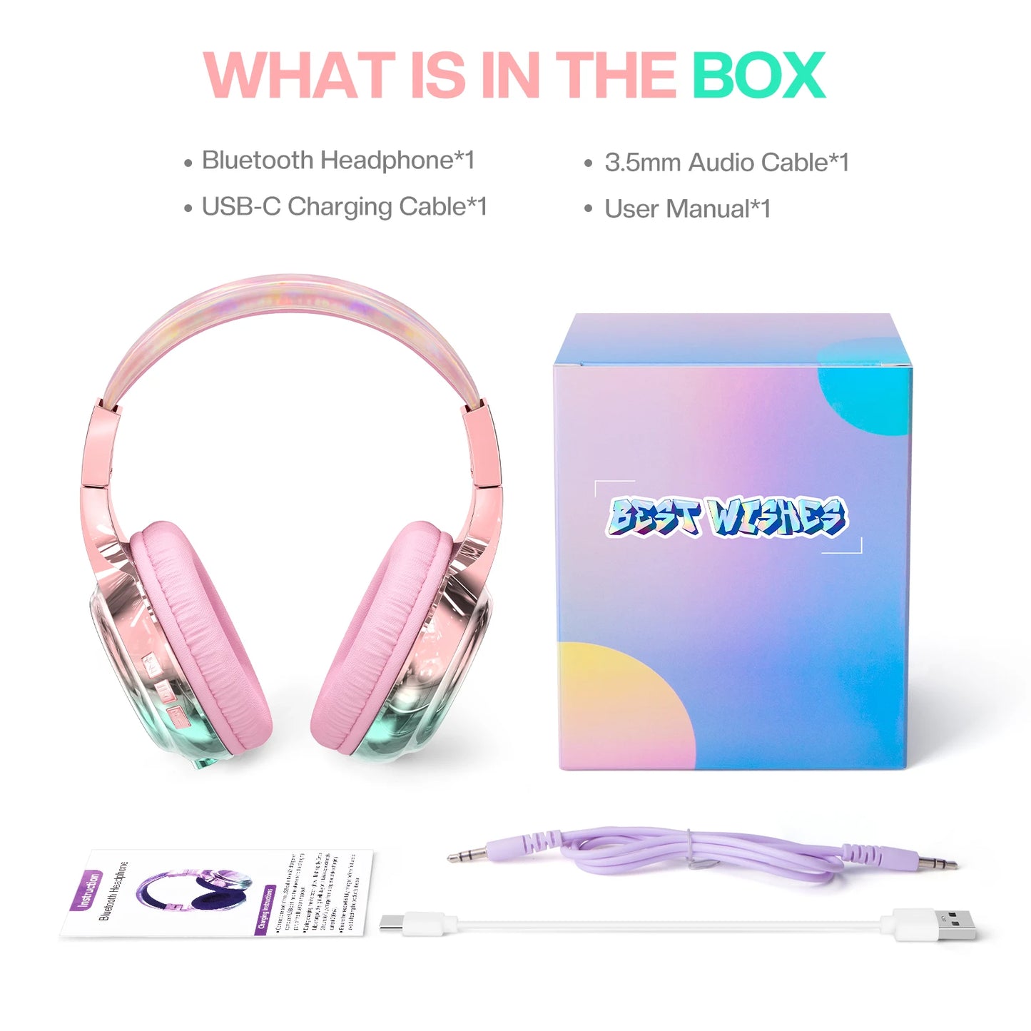 Glossy Gradient Pink Bluetooth5.3 Headphone For Girl Wireless Headphone with Mic Over Ear Headset for Girlfriend Christmas Gift