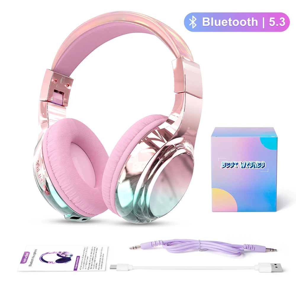Glossy Gradient Pink Bluetooth5.3 Headphone For Girl Wireless Headphone with Mic Over Ear Headset for Girlfriend Christmas Gift