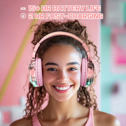 Glossy Gradient Pink Bluetooth5.3 Headphone For Girl Wireless Headphone with Mic Over Ear Headset for Girlfriend Christmas Gift