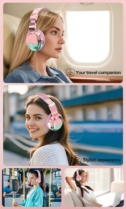 Glossy Gradient Pink Bluetooth5.3 Headphone For Girl Wireless Headphone with Mic Over Ear Headset for Girlfriend Christmas Gift