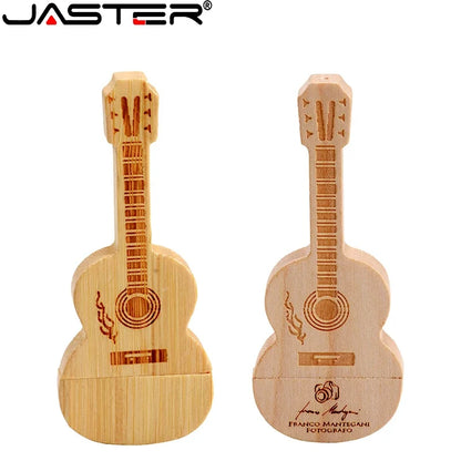 JASTER Wood Guitar USB Flash Drives 128GB Free Custom Logo Pen Drive 64GB Wooden Box Memory Stick Music Creative Wedding Gift