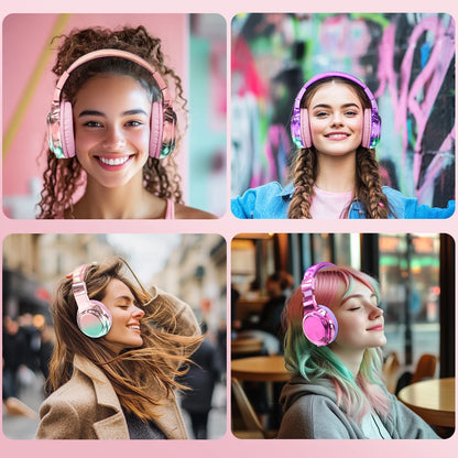 Glossy Gradient Pink Bluetooth5.3 Headphone For Girl Wireless Headphone with Mic Over Ear Headset for Girlfriend Christmas Gift