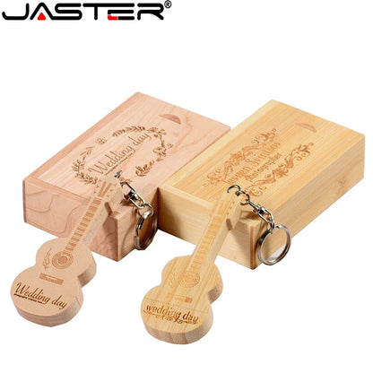 JASTER Wood Guitar USB Flash Drives 128GB Free Custom Logo Pen Drive 64GB Wooden Box Memory Stick Music Creative Wedding Gift