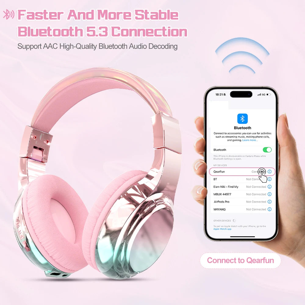 Glossy Gradient Pink Bluetooth5.3 Headphone For Girl Wireless Headphone with Mic Over Ear Headset for Girlfriend Christmas Gift