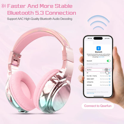 Glossy Gradient Pink Bluetooth5.3 Headphone For Girl Wireless Headphone with Mic Over Ear Headset for Girlfriend Christmas Gift
