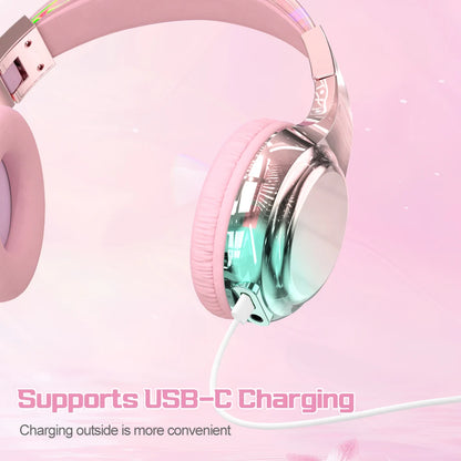 Glossy Gradient Pink Bluetooth5.3 Headphone For Girl Wireless Headphone with Mic Over Ear Headset for Girlfriend Christmas Gift