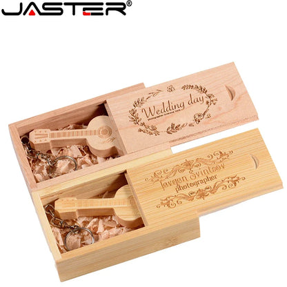 JASTER Wood Guitar USB Flash Drives 128GB Free Custom Logo Pen Drive 64GB Wooden Box Memory Stick Music Creative Wedding Gift