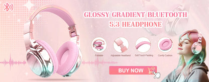 Glossy Gradient Pink Bluetooth5.3 Headphone For Girl Wireless Headphone with Mic Over Ear Headset for Girlfriend Christmas Gift