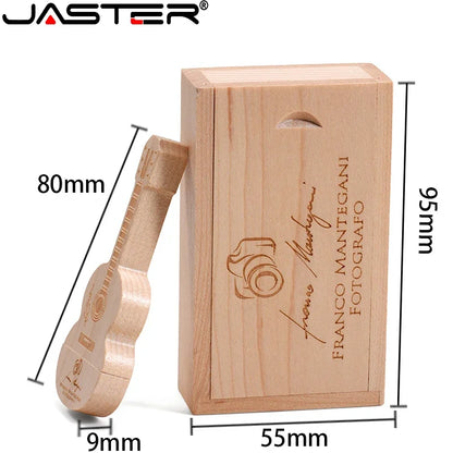 JASTER Wood Guitar USB Flash Drives 128GB Free Custom Logo Pen Drive 64GB Wooden Box Memory Stick Music Creative Wedding Gift